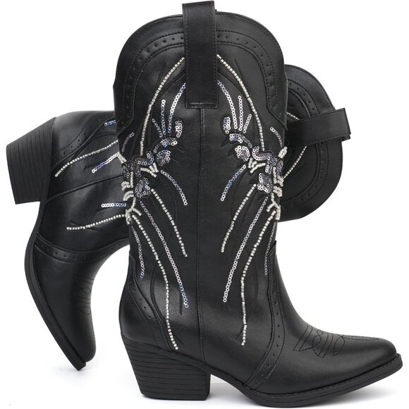 Women's Black Mid Calf Western Pointed Toe Embroidered Chunky Heel Cowgirl Boots - Picture 6 of 6